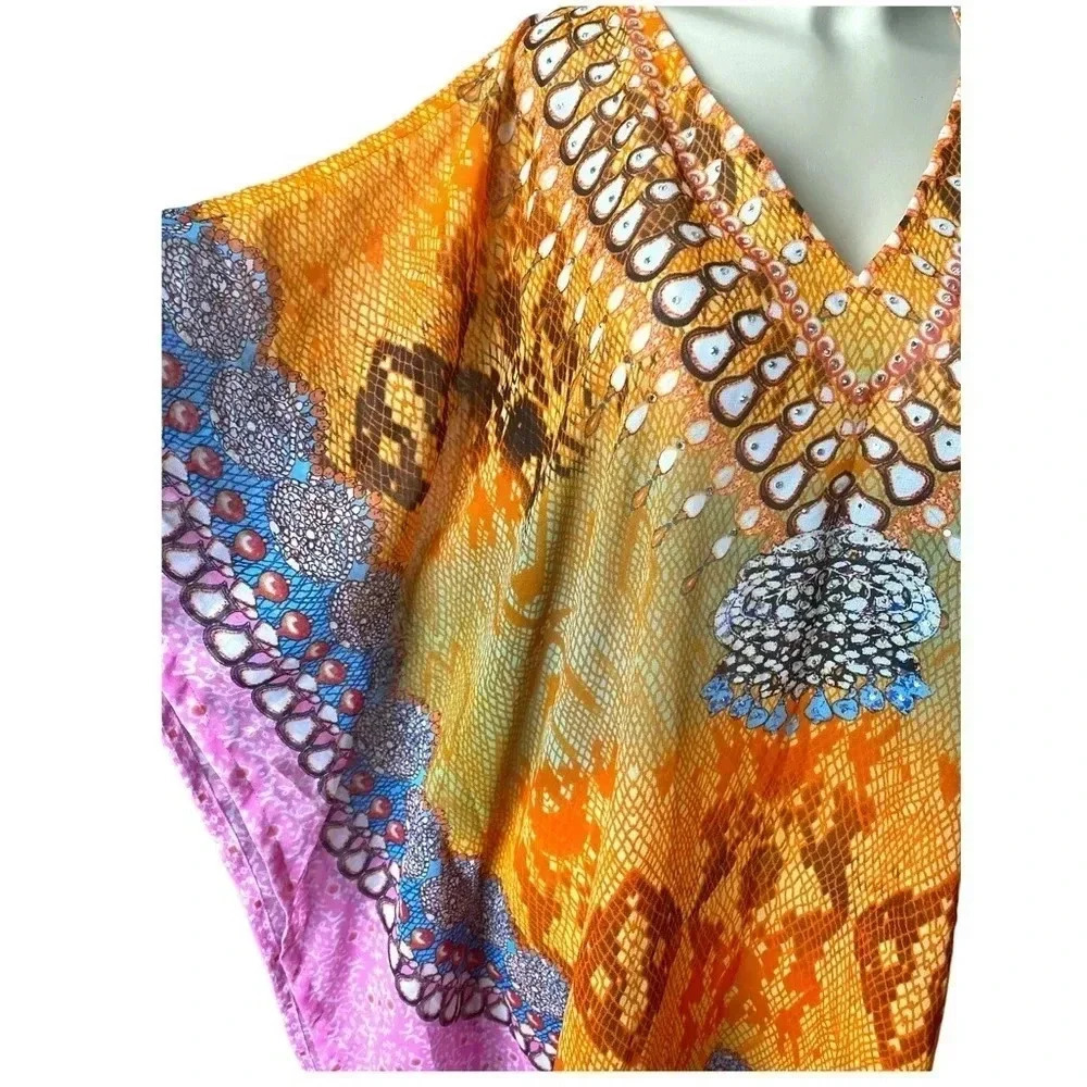 Boho Animal Print Multicolored Flowy Lightweight Kaftan Beach Coverup One Size - Picture 4 of 8